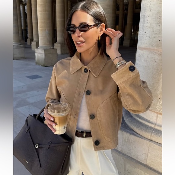 Zara New 100% Leather Suede Collar Jacket Beige NWT - Picture 1 of 14